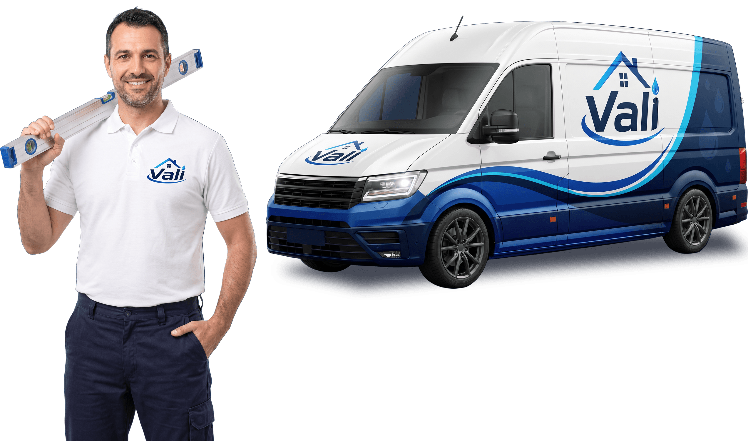 Handwerker im weißen Polo mit großem Vali-Logo und Wasserwaage auf der Schulter, daneben der Firmentransporter in den Vali-Farben mit Logo und Leichtmetallfelgen