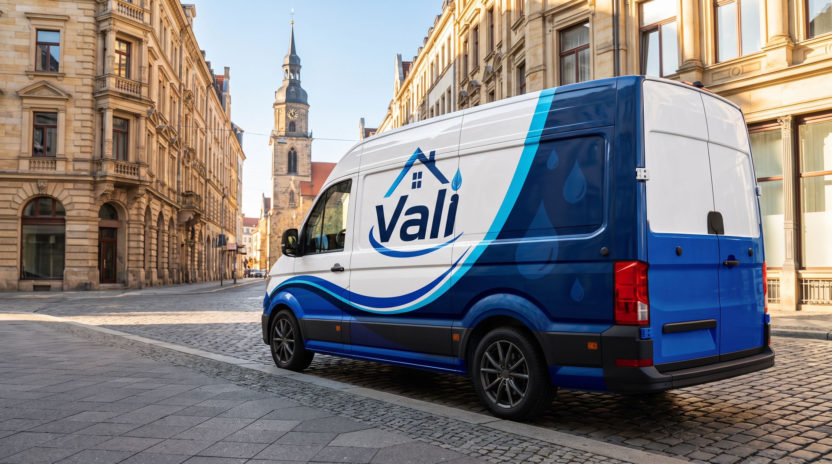 Firmentransporter in den Vali-Farben mit Logo und Wellengrafik, geparkt in einer sonnigen Straße einer deutschen Stadt