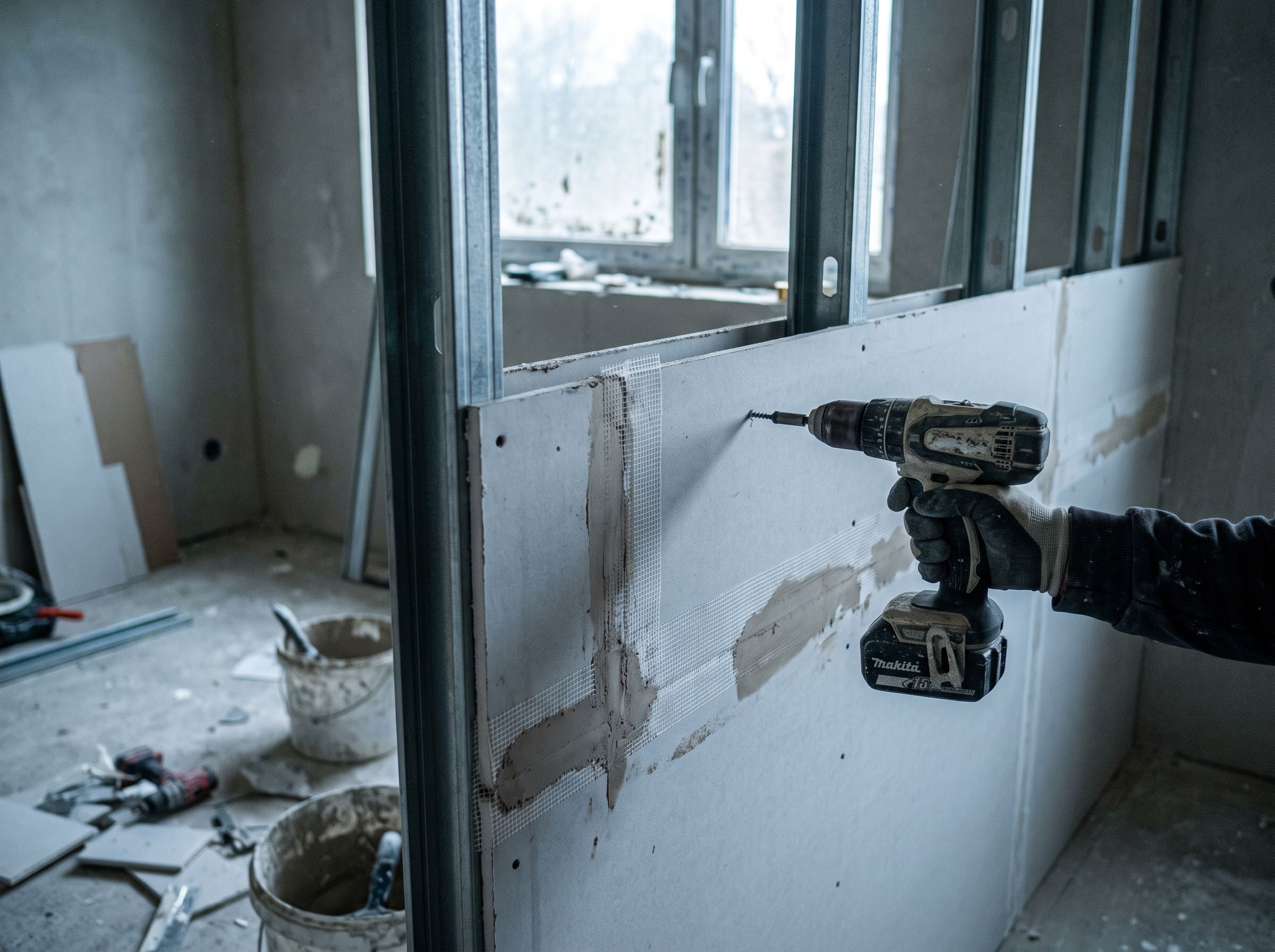 Ständerwerk aus Metall mit halb montierten Gipskartonplatten