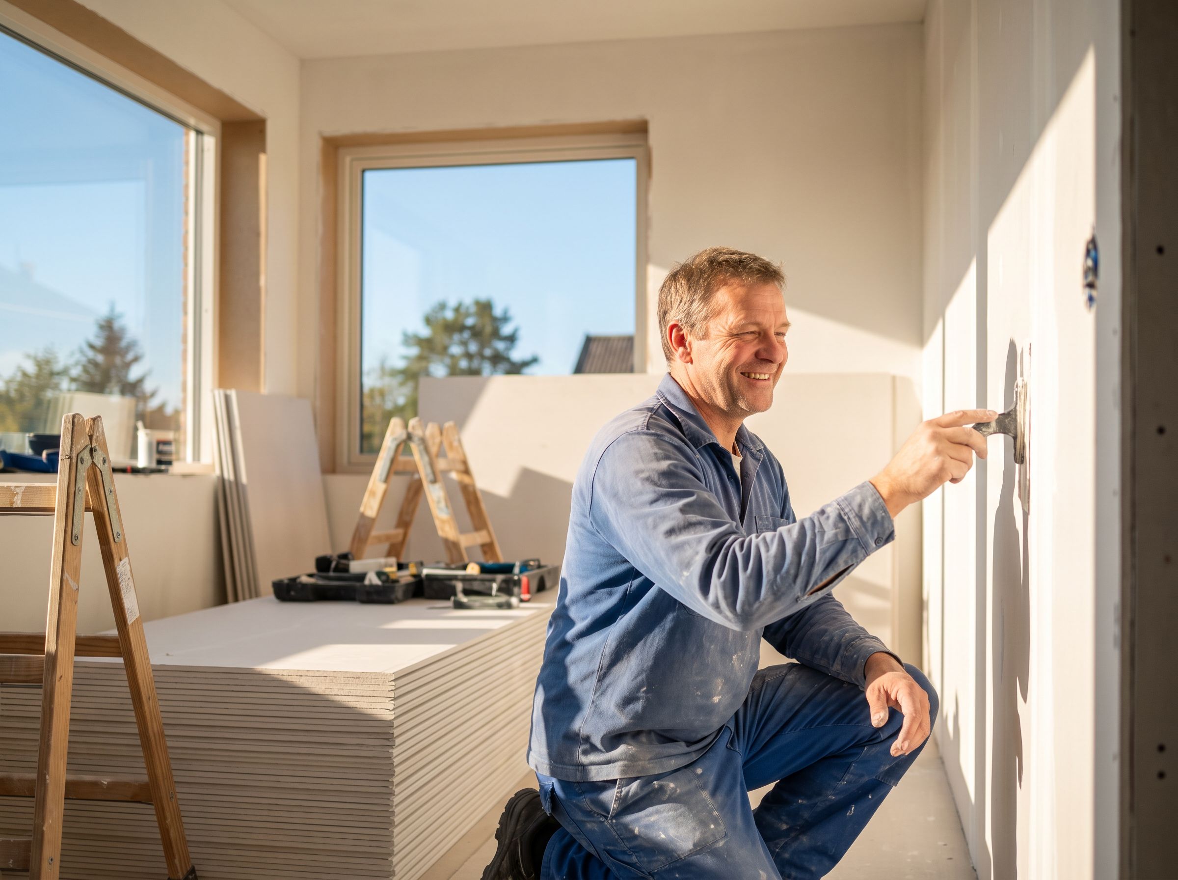 Lächelnder Handwerker verschraubt eine Gipskartonwand in einem sonnendurchfluteten Raum