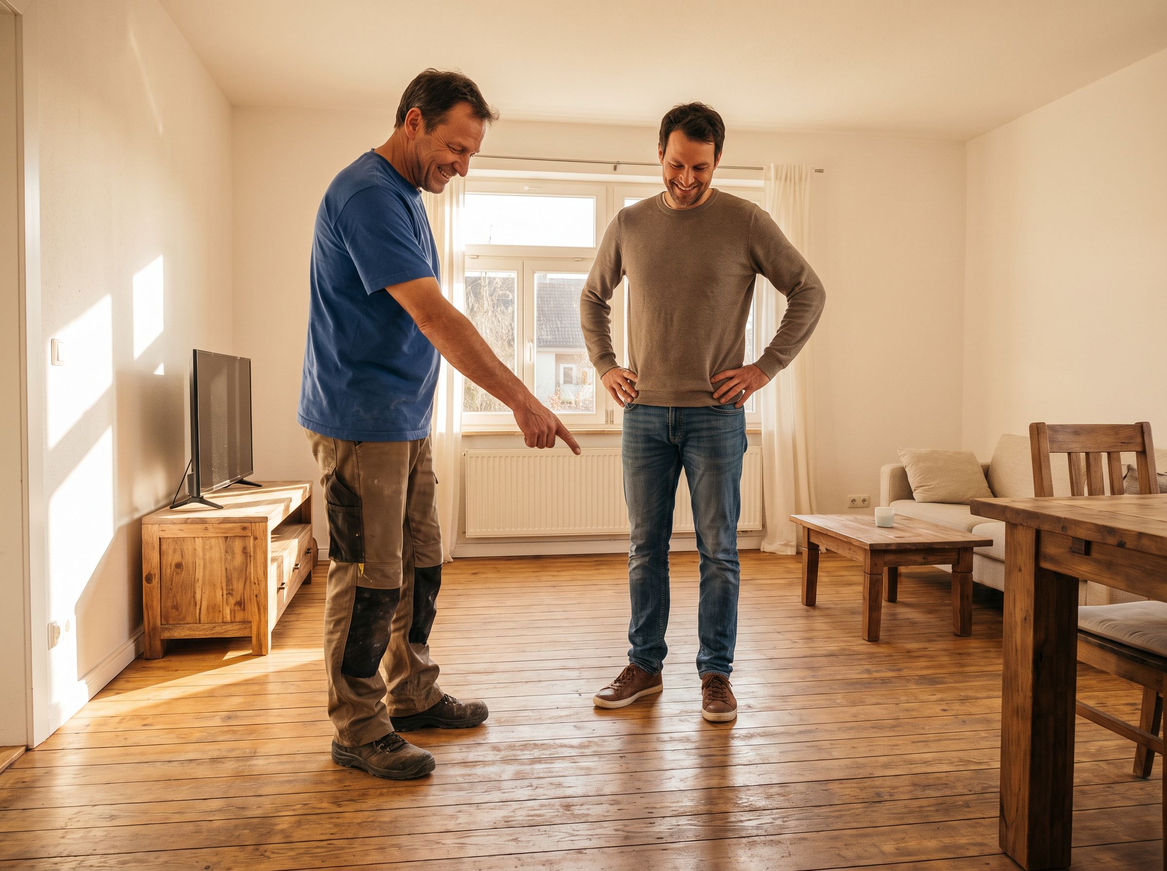 Handwerker zeigt einem zufriedenen Hausbesitzer den trockenen, wiederhergestellten Holzboden