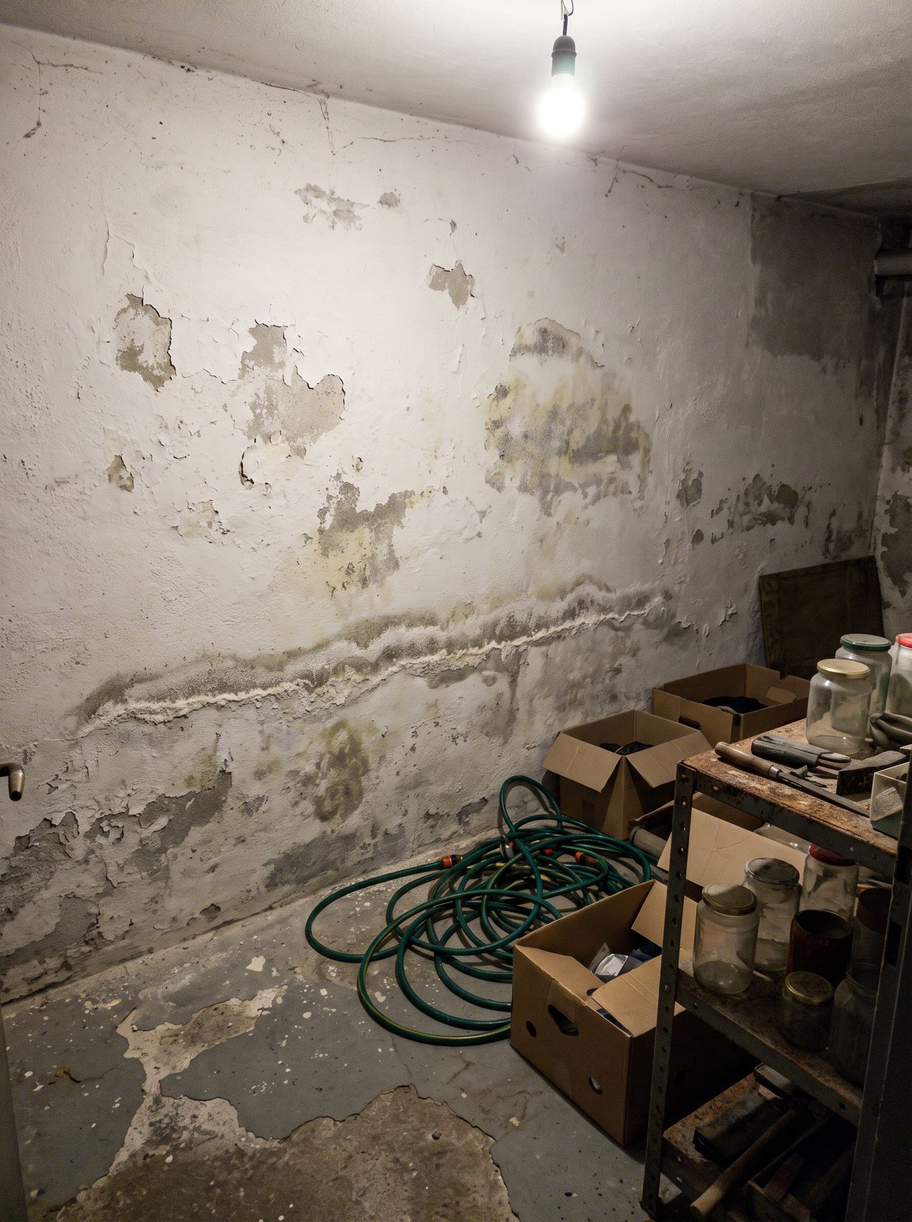 Kellerwand mit waagerechtem Feuchterand und weißen Salzausblühungen