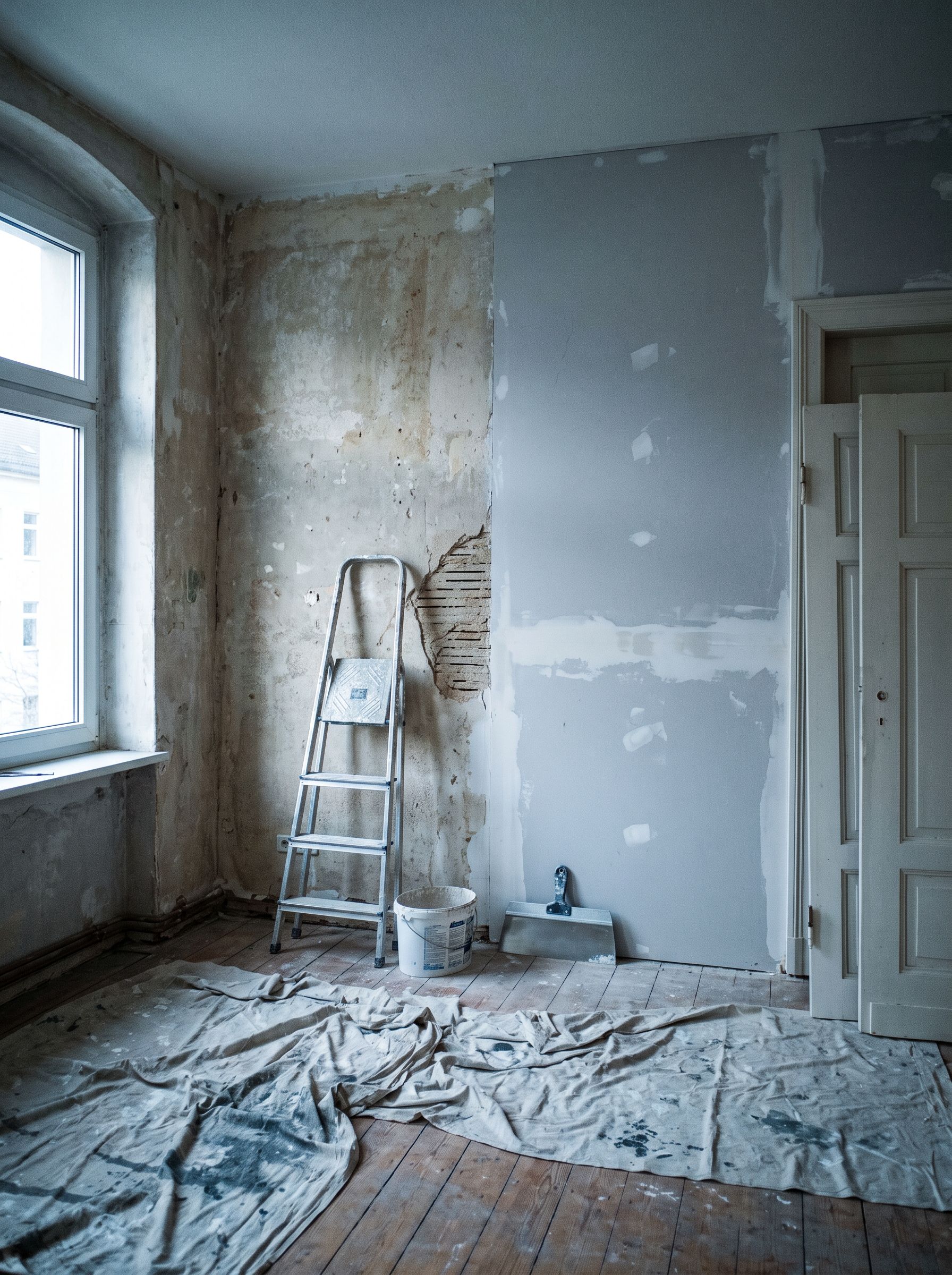 Leere Wohnung in Arbeit: eine Wand halb abgezogen, halb frisch gespachtelt